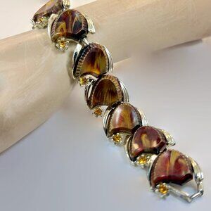 Vintage Bracelet, Brown, Thermoset, Silver Tone, Rhinestones, 60s, 50s, MCM